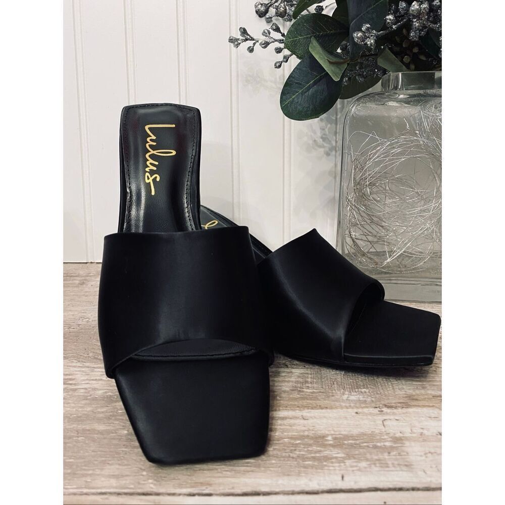 Lulus Yarie Black Satin High Heel Slide Sandal Sz 7